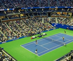 tennis court game from the stands
